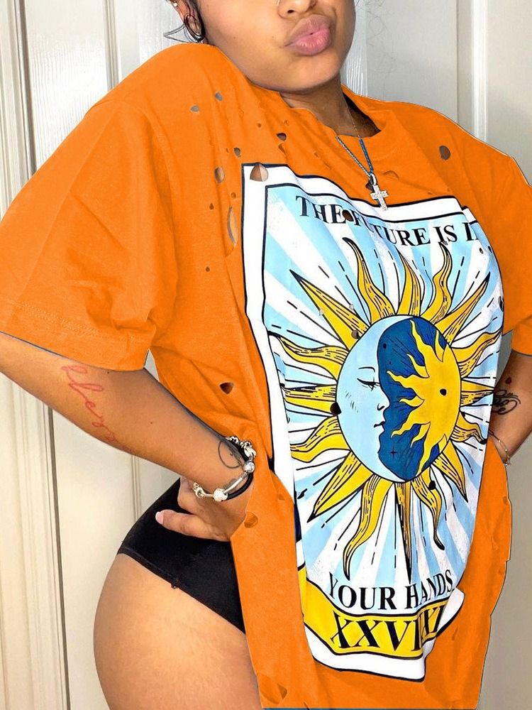 Rundhalsad Medellånga Bokstavsmode T-Shirt För Kvinnor