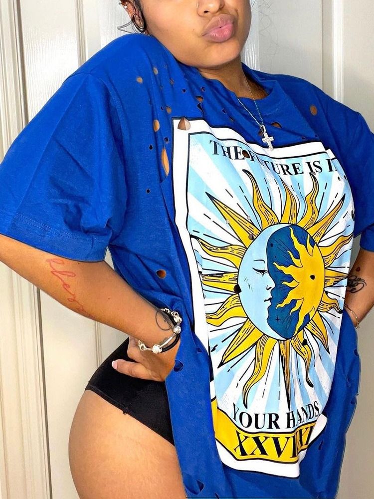 Rundhalsad Medellånga Bokstavsmode T-Shirt För Kvinnor