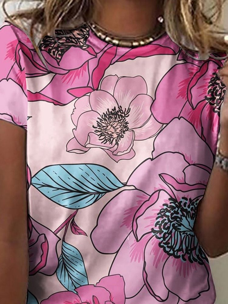 Rundhalsad Standard Blommig Casual Spring T-Shirt