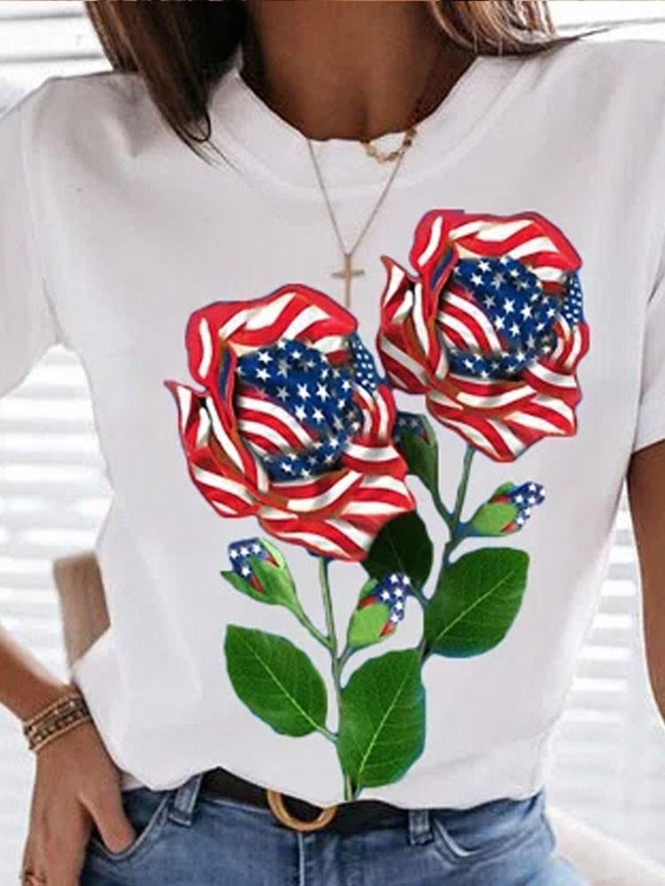 Standard Blommig Kortärmad Slimmad Casual T-Shirt
