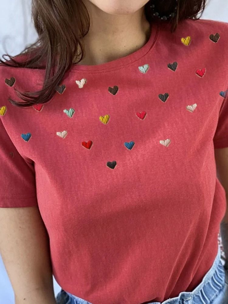 Standard Hjärtformad Rund Hals Sommar Slimmad T-Shirt