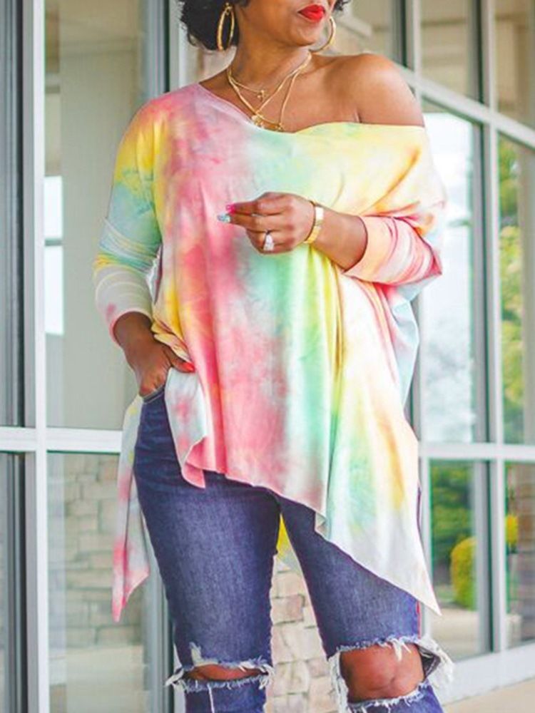 Tie Dye Långärmad Medellång Snedkrage Lös Sommar T-Shirt