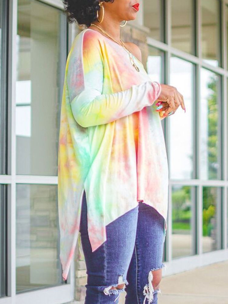 Tie Dye Långärmad Medellång Snedkrage Lös Sommar T-Shirt