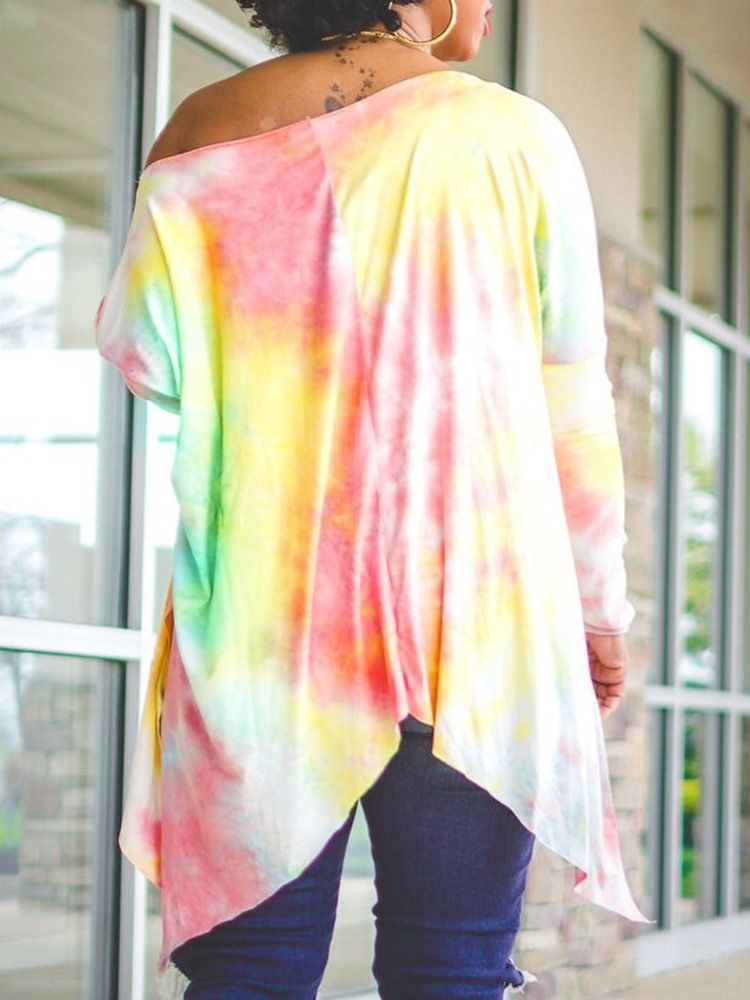 Tie Dye Långärmad Medellång Snedkrage Lös Sommar T-Shirt