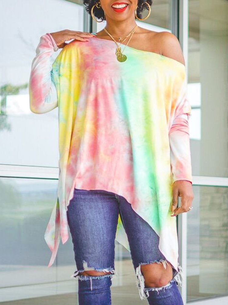 Tie Dye Långärmad Medellång Snedkrage Lös Sommar T-Shirt