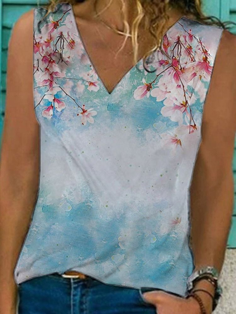 V-Ringad Blommig Ärmlös Slimmad Sommar T-Shirt