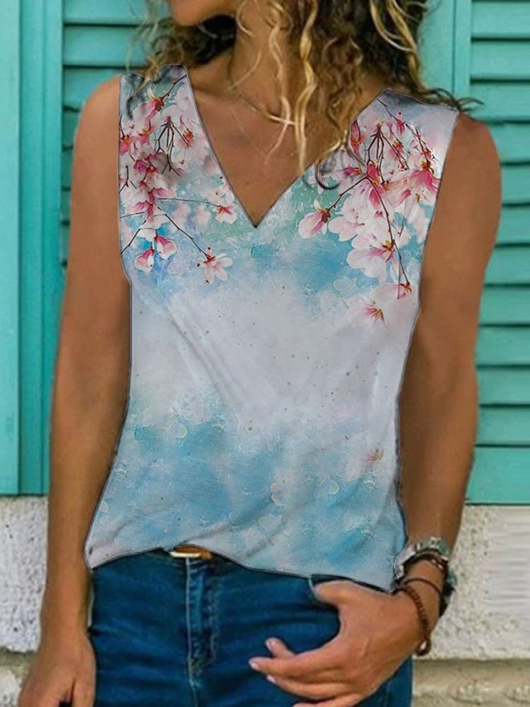 V-Ringad Blommig Ärmlös Slimmad Sommar T-Shirt
