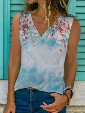 V-Ringad Blommig Ärmlös Slimmad Sommar T-Shirt