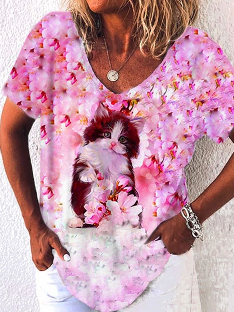 V-Ringad Kortärmad Animal Spring Casual T-Shirt