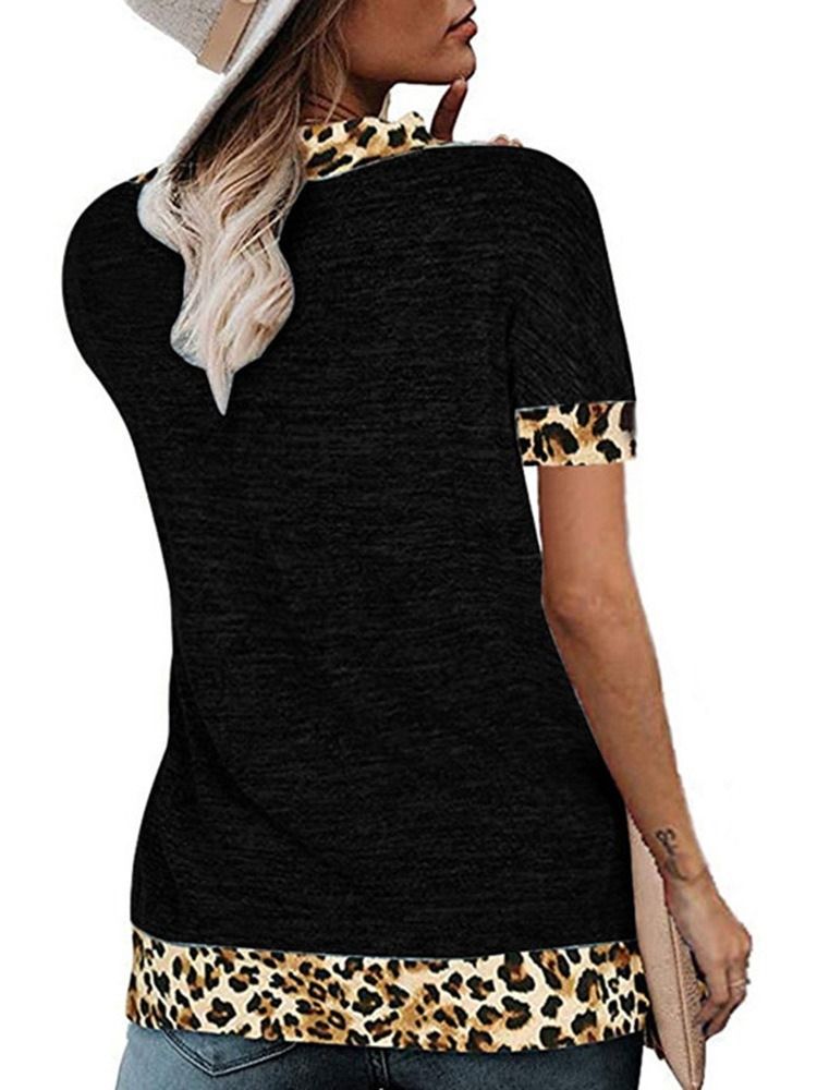 V-Ringad Kortärmad Leopard Lös Sommar-T-Shirt För Kvinnor