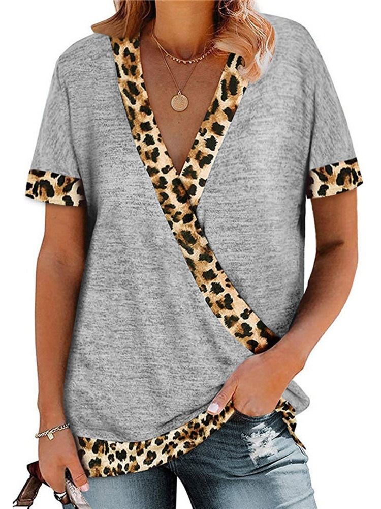 V-Ringad Kortärmad Leopard Lös Sommar-T-Shirt För Kvinnor