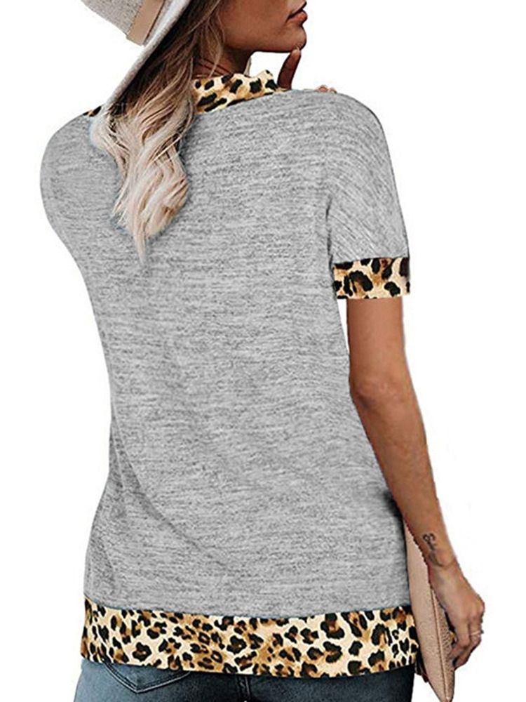 V-Ringad Kortärmad Leopard Lös Sommar-T-Shirt För Kvinnor