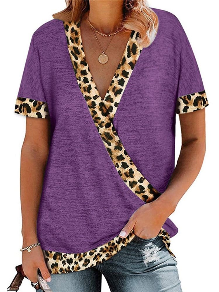V-Ringad Kortärmad Leopard Lös Sommar-T-Shirt För Kvinnor