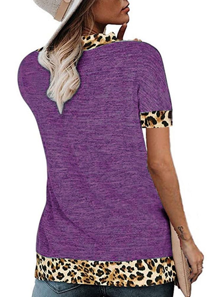 V-Ringad Kortärmad Leopard Lös Sommar-T-Shirt För Kvinnor