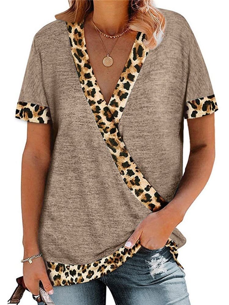 V-Ringad Kortärmad Leopard Lös Sommar-T-Shirt För Kvinnor