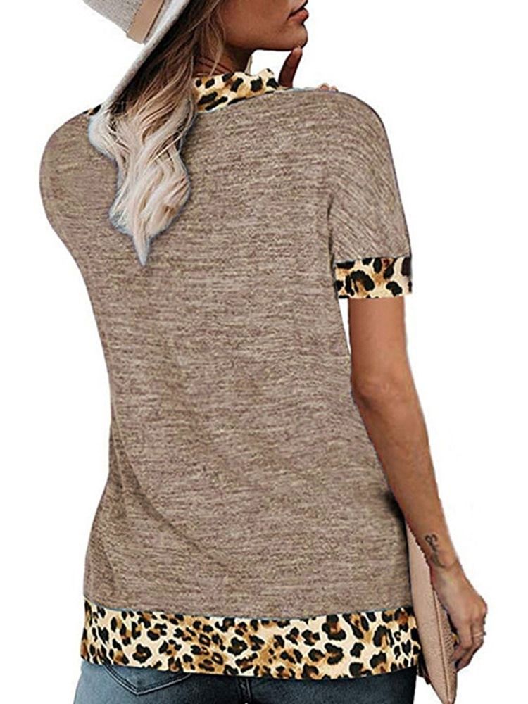 V-Ringad Kortärmad Leopard Lös Sommar-T-Shirt För Kvinnor