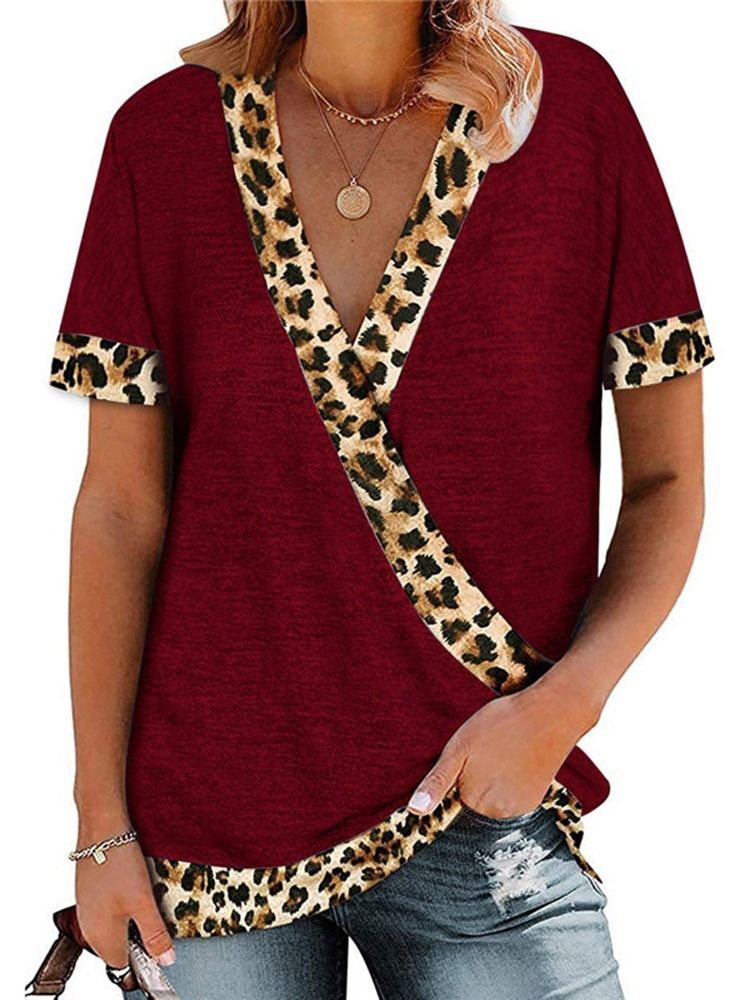 V-Ringad Kortärmad Leopard Lös Sommar-T-Shirt För Kvinnor