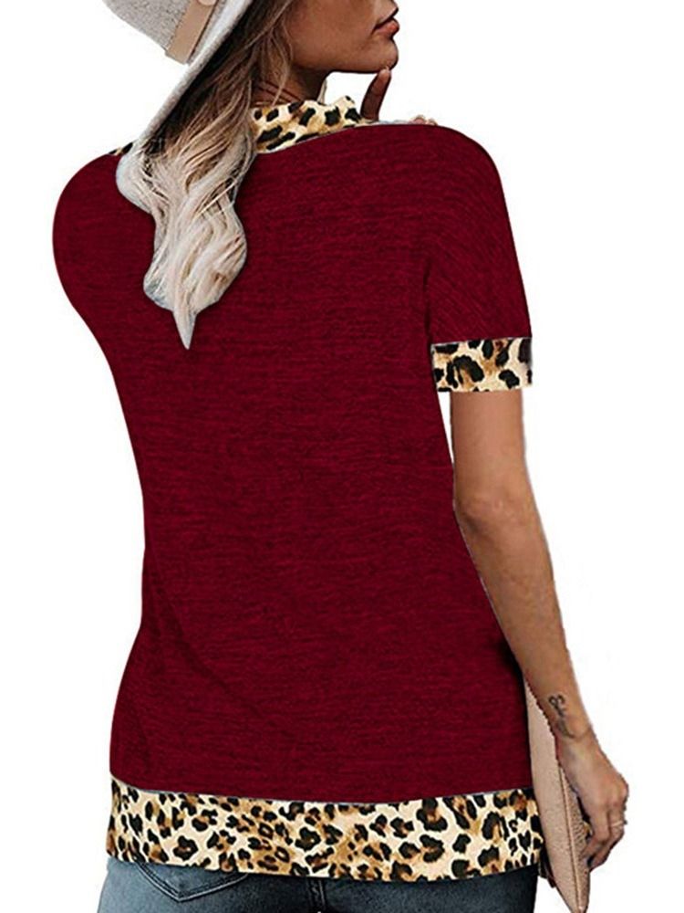 V-Ringad Kortärmad Leopard Lös Sommar-T-Shirt För Kvinnor