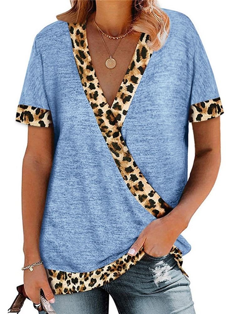 V-Ringad Kortärmad Leopard Lös Sommar-T-Shirt För Kvinnor