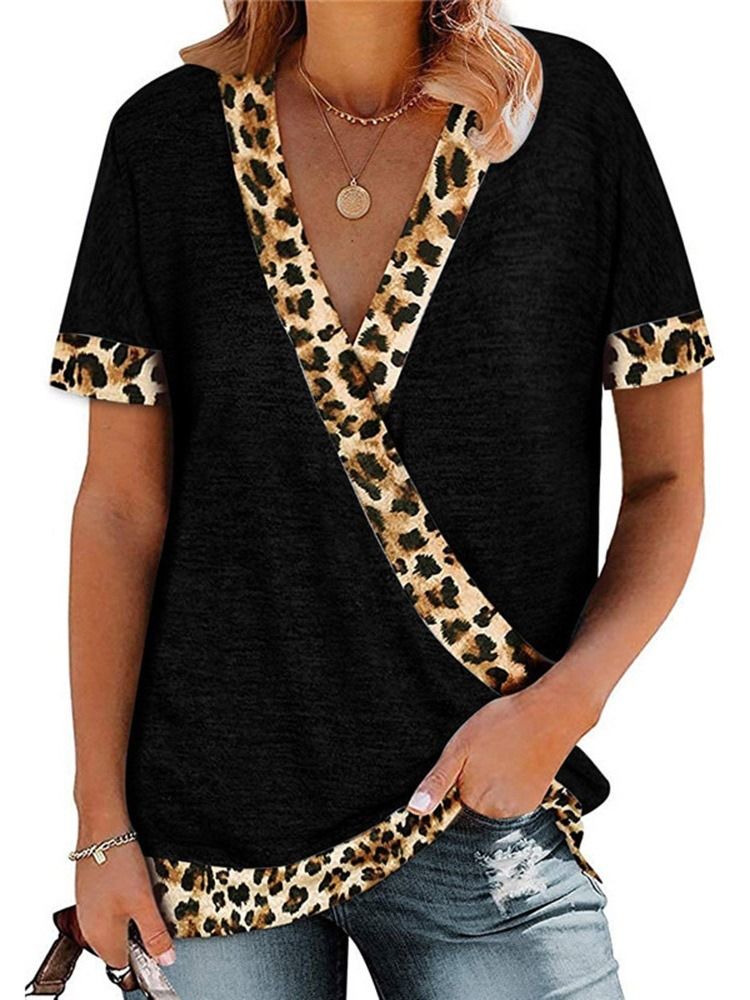 V-Ringad Kortärmad Leopard Lös Sommar-T-Shirt För Kvinnor