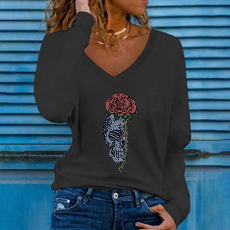 V-Ringad Standard Blommig Mode Rak T-Shirt