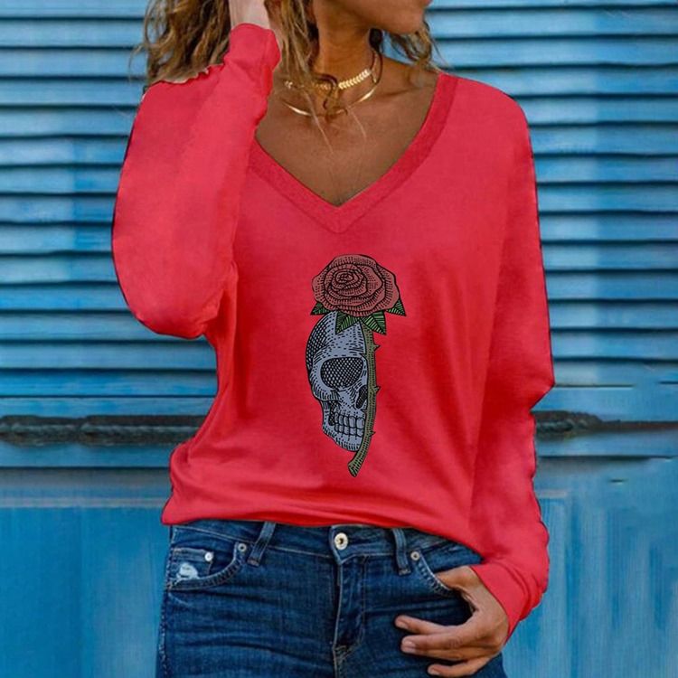 V-Ringad Standard Blommig Mode Rak T-Shirt