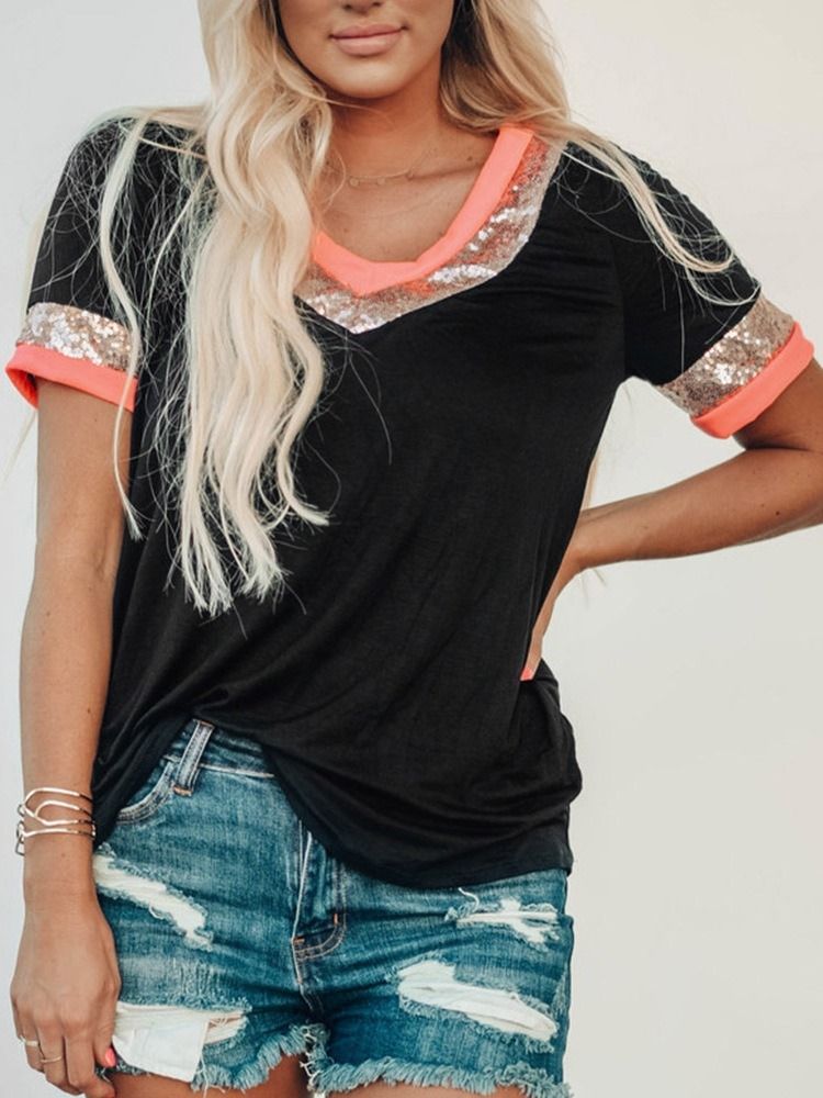 V-Ringad Standardfärgblock För Kvinnor Sommar Casual T-Shirt