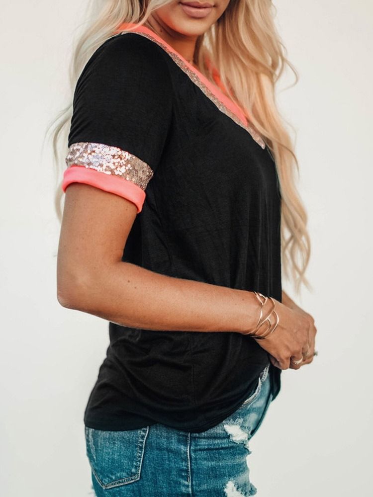 V-Ringad Standardfärgblock För Kvinnor Sommar Casual T-Shirt