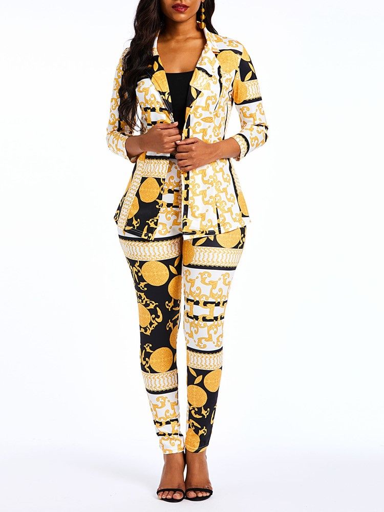 Afrikanskt Tryck Mode Geometriska Blazer Och Pencil Byxor Formell Kostym För Kvinnor