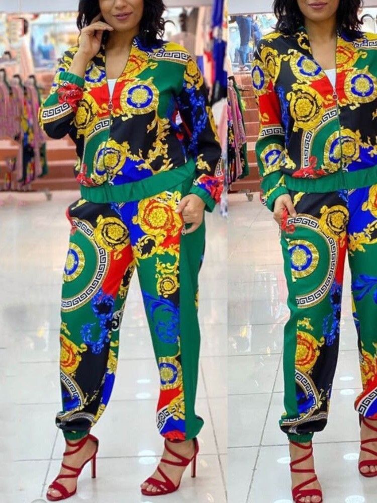 Blommig Jacka Casual Pencil Byxor Dragkedja Dams Tvådelade Set