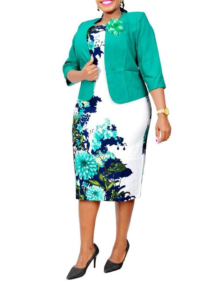 Blommönster Office Lady Bodycon Tvådelade Set