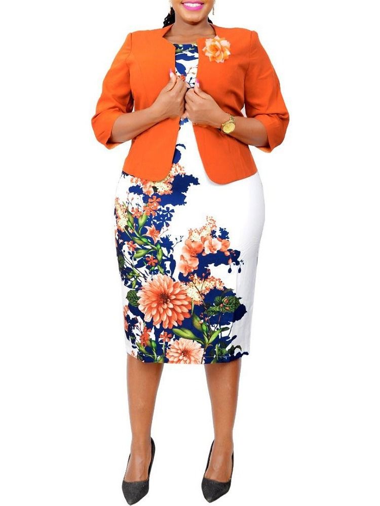 Blommönster Office Lady Bodycon Tvådelade Set