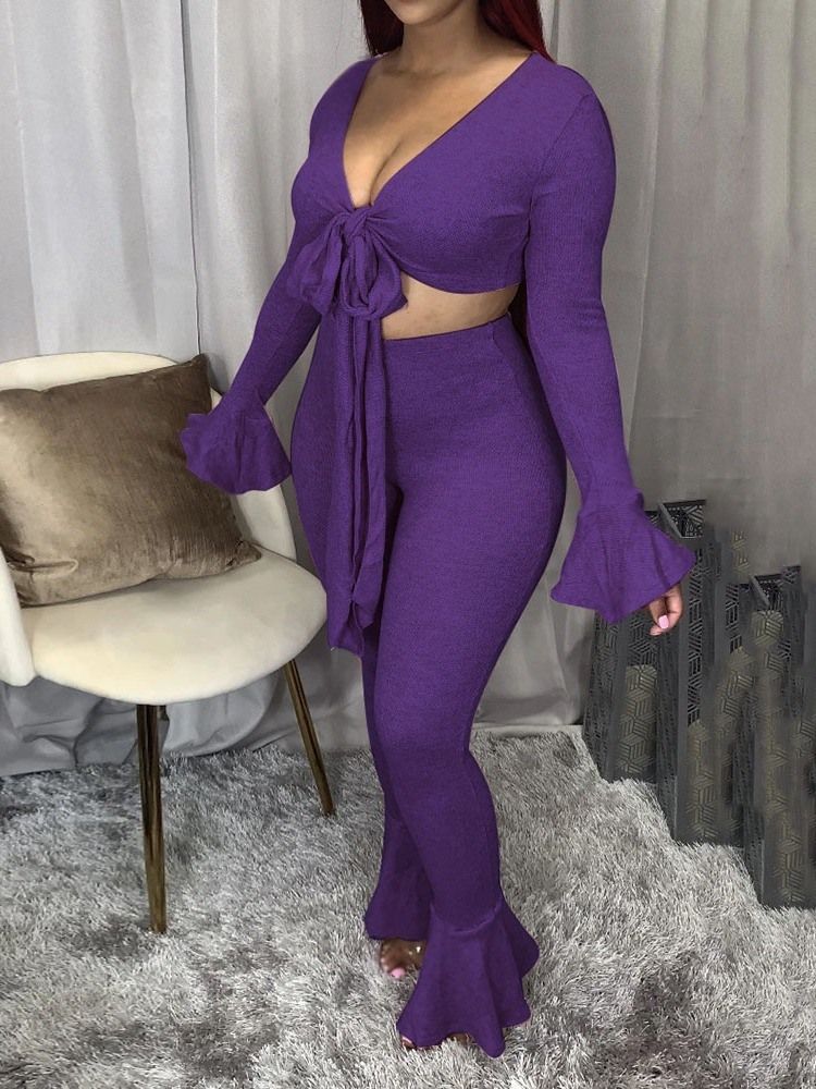Bowknot T-Shirt Mode V-Ringad Bellbottoms Tvådelade Set