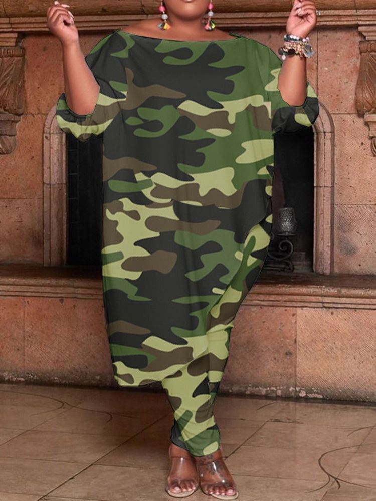 Camouflage Fashion T-Shirt Pullover Off Shoulder Tvådelad Set