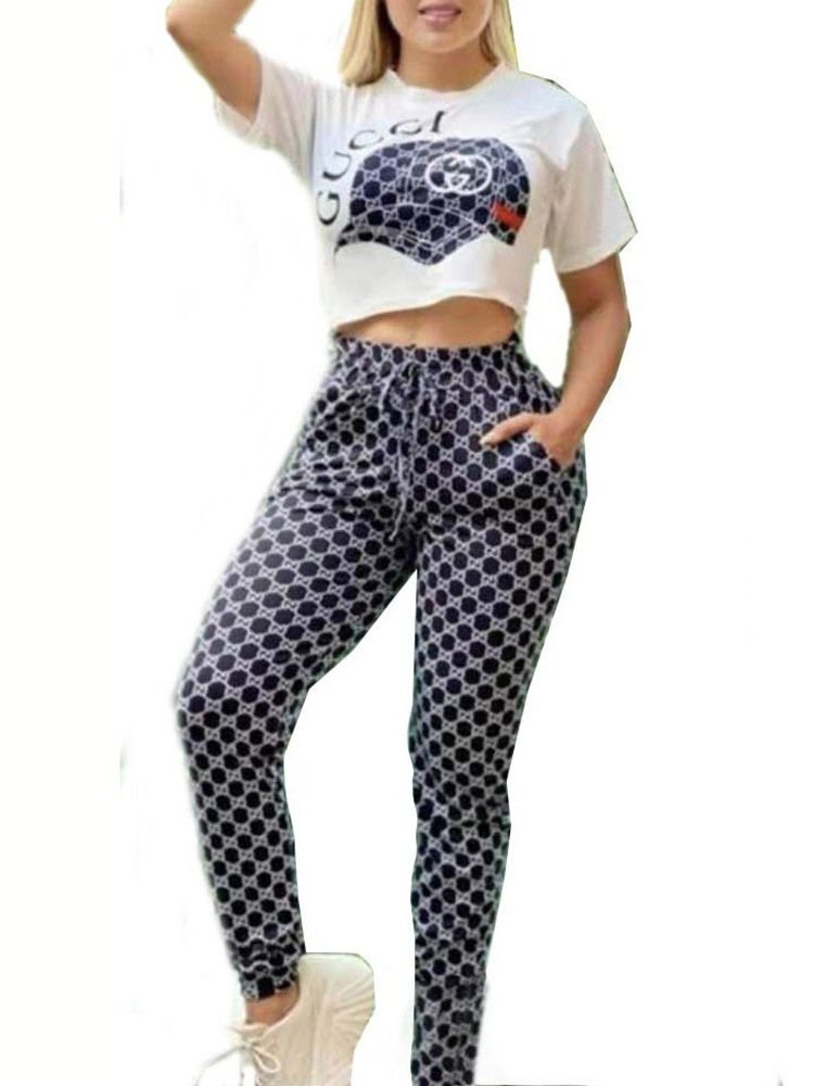 Casual Byxor Print Pencil Byxor Pullover Tvådelade Sets Dambyxor Set