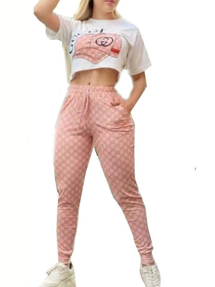 Casual Byxor Print Pencil Byxor Pullover Tvådelade Sets Dambyxor Set