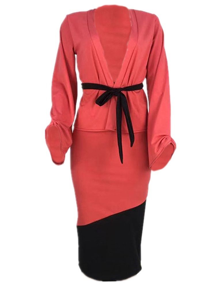 Coat Patchwork Color Block Bodycon Lace-Up Tvådelade Set