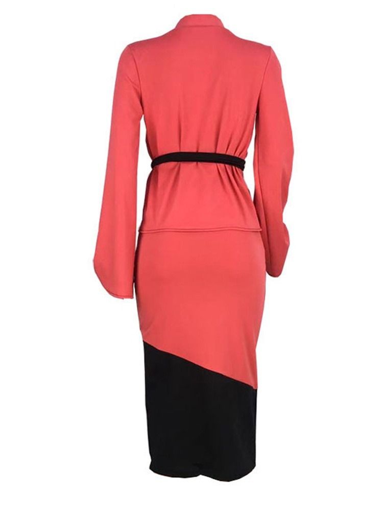 Coat Patchwork Color Block Bodycon Lace-Up Tvådelade Set