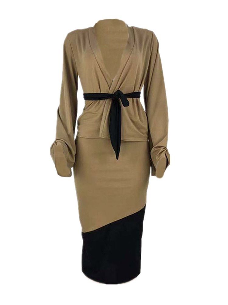 Coat Patchwork Color Block Bodycon Lace-Up Tvådelade Set