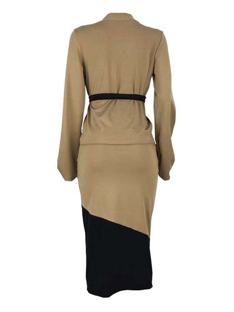 Coat Patchwork Color Block Bodycon Lace-Up Tvådelade Set