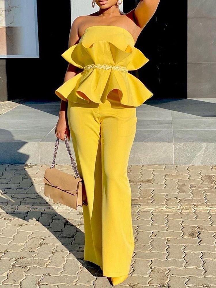 Fashion Falbala Plain Off Shoulder Tvådelad Set