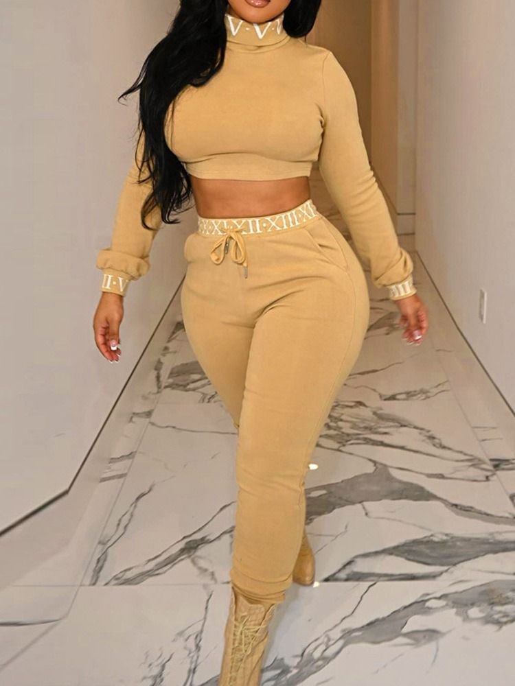 Fashion Letter T-Shirt Pullover Turtleneck Tvådelade Set