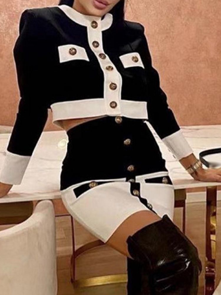 Fashion Patchwork Jacka Enkelknäppt Bodycon Tvådelad Set