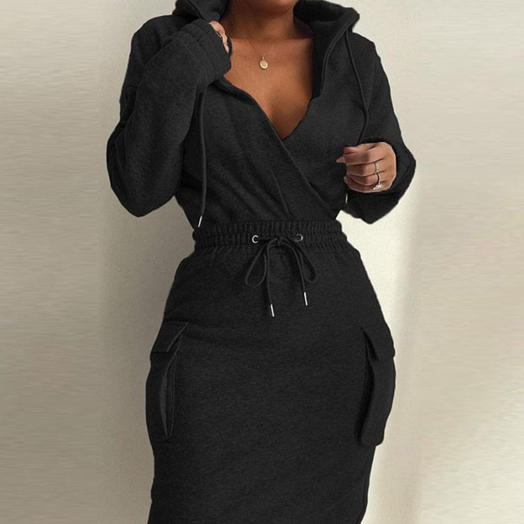 Kjol Vanlig Västerländsk Bodycon Hooded Tvådelad Set