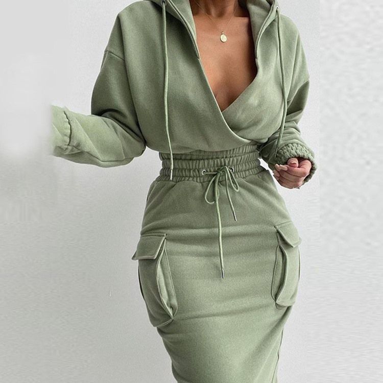Kjol Vanlig Västerländsk Bodycon Hooded Tvådelad Set