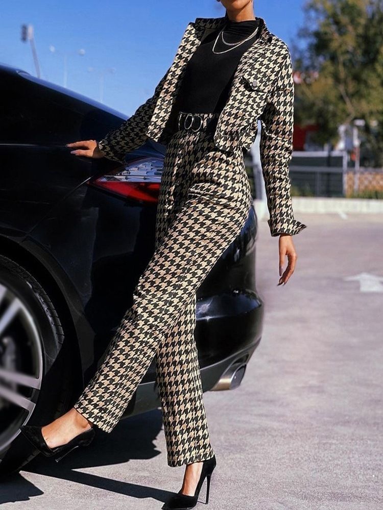 Mode Houndstooth Ficka Rak Lapel Tvådelad Set