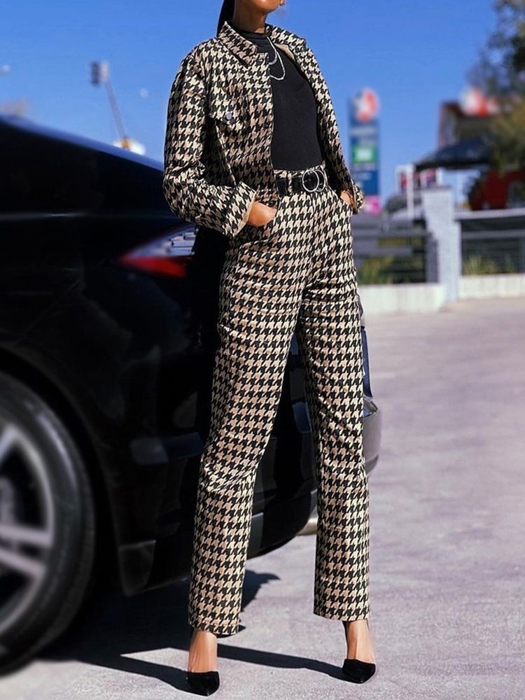 Mode Houndstooth Ficka Rak Lapel Tvådelad Set
