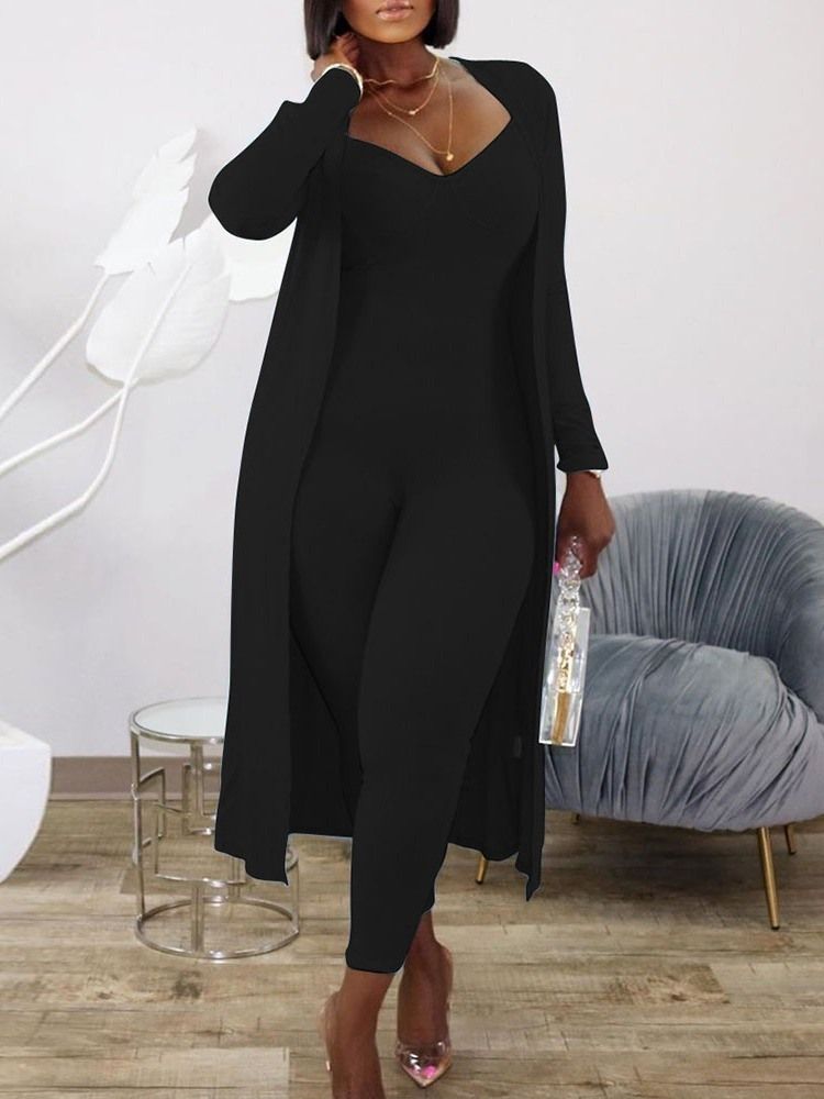 Mode Jumpsuit Vanlig V-Neck Pencil Byxor Tvådelad Uppsättningar