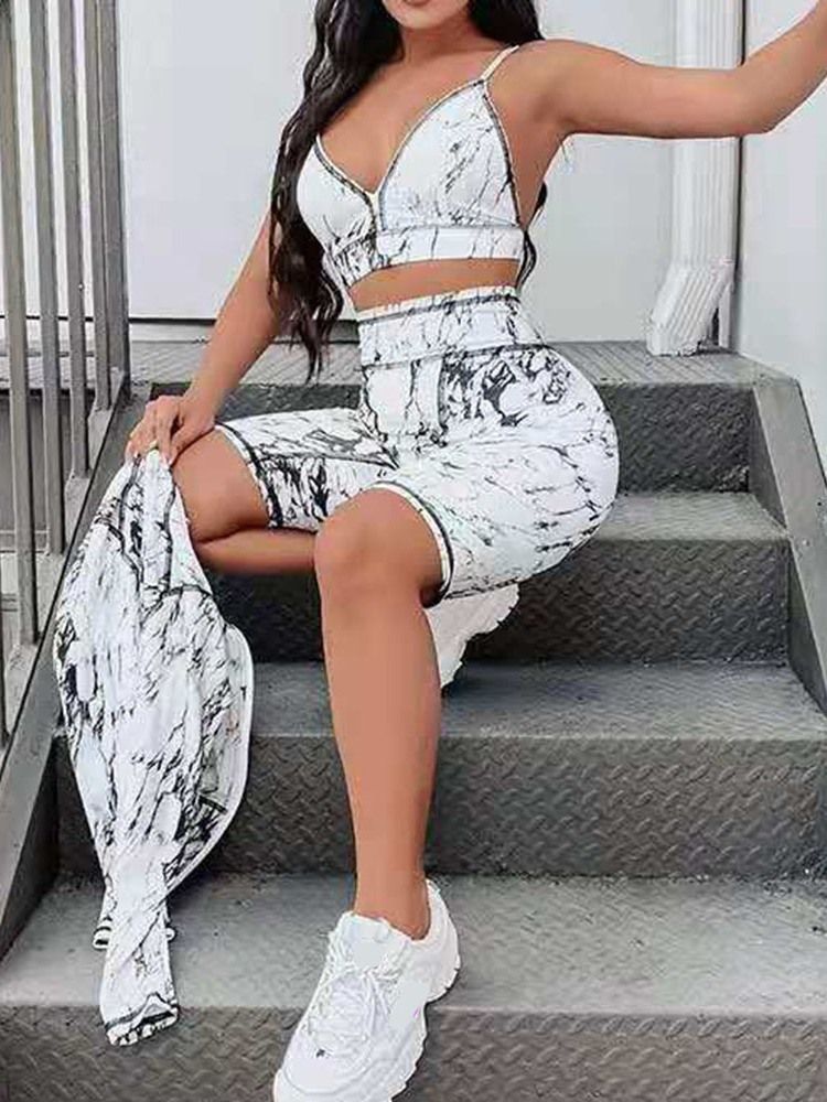 Mode Shorts Print Dragkedja Rak Dam Tvådelad Set