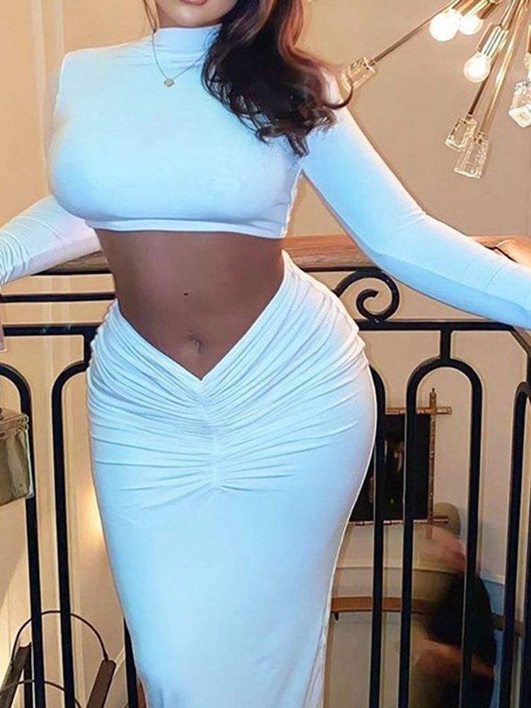 Mode T-Shirt Vanlig Pullover Bodycon Tvådelade Set